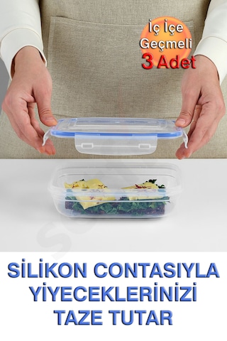 Lock&fresh Contalı Dikdörtgen Saklama Kabı 565, 975, 1675ml Üçlü Set Mavi