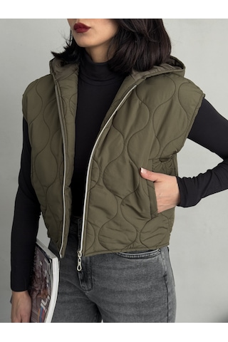 Kadın Cepli Kapitone Kapüşonlu Crop Yelek Haki