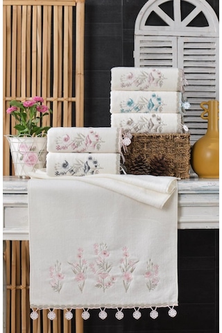 6'lı Set 30x50 Cm. Çeyizlik Kadife Nakışlı Yonca Küpeli Dantelli Lüks El Ve Mutfak Havlu Seti Gül