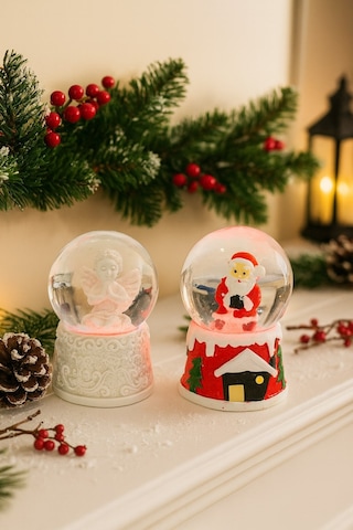 Ev Dekoru Yeni Yıl Huzuru Işıklı Santa Melek Figürlü Ve Noel Baba Temalı Kar Küresi 2'li Seti 6.5 Cm Çok Renkli