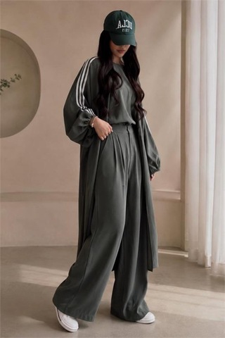 Neşeli Butik Kadın Haki Şerit Detaylı Oversize Tunik Pantolon İkili Tesettür Takım Nms102