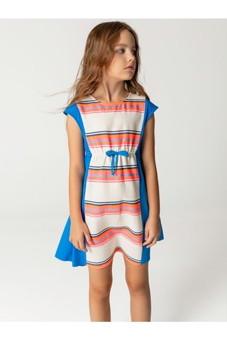 Sheshe Renkli Çizgili Beli Kuşaklı Kız Çocuk Elbise Renkli