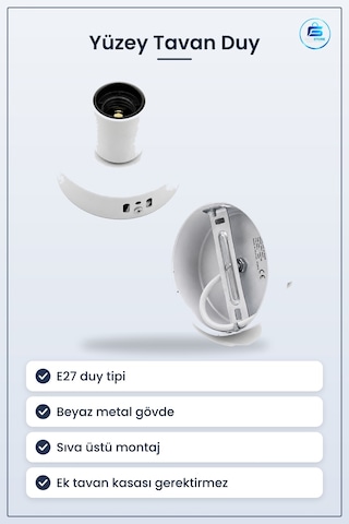 E27 Yüzey Tavan Duy Metal Beyaz Sıva Üstü Montaj Ampul Duyu Banyo