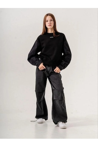 Kız Çocuk Mevsimlik Denim Kol 3 İplik Sweatshirt-14774 Siyah