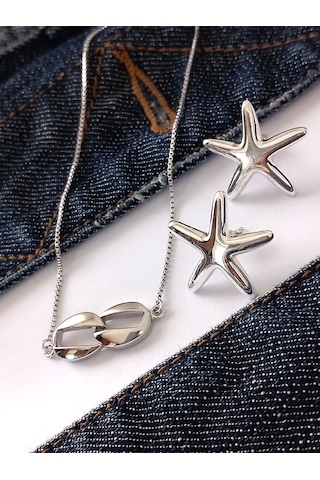 Gümüş Deniz Yıldızı Küpe Tifany Tasarım Kolye Kadın Set