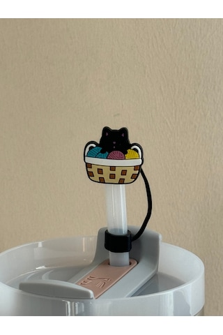 Sevimli Kedi Model Silikon Toz Geçirmez Sızdırmaz Pipet Kapağı 1 Adet Termos Ile Uyumlu Siyah - Turuncu