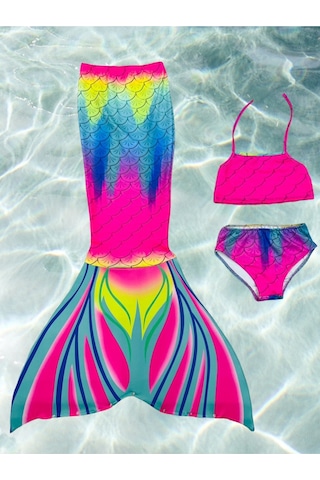 Lolliboomkids Kız Çocuk Deniz Kızı Kuyruklu Kostüm Mayo Bikini Takımı 3 Parça Son Moda Gökkuşağı Çok Renkli