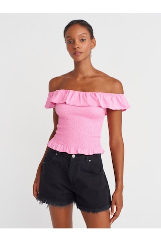 Dilvin 31902 Omuzları Açık Fırfırlı Top-pembe Pembe