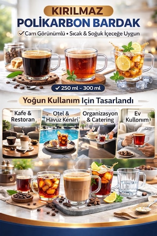 Polikarbon Kırılmaz Kulplu Bardak 6 Adet 300 Ml Cam Görünümlü Çay Kahve Bardağı Sıcak Soğuk Uyumlu Şeffaf