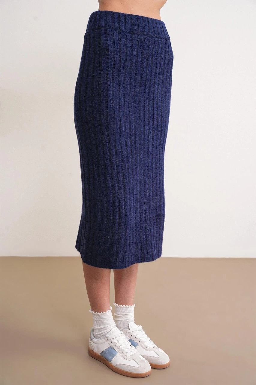 6929 Kadın Fitilli Triko Etek Lacivert Lacivert