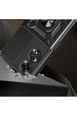 Zore Oppo A60 Uyumlu Magnetik Standlı Kamera Korumalı Msra Sürgülü Vega Kapak-siyah Siyah