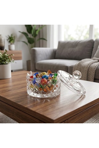 Kare Kesme Desen Kristal Kulplu Kapaklı Cam Çerezlik Şekerlik 10 10 Cm Şeffaf