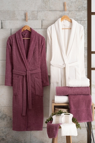 Oznhome Krem-bordo Çift Kişilik 6 Parça Bornoz Seti Bordo - Krem