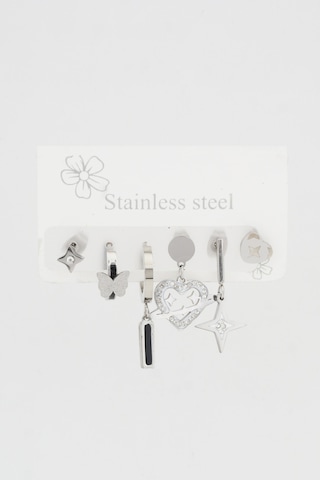 Kadın Kararmaz 6'Lı Kuzey Yıldızı ve Kalp Detaylı Çelik Set Küpe Gümüş-M