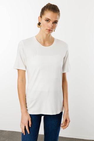 Kadın Sıfır Yaka Basic Penye T-shirt Ekru Ekru