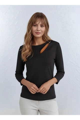 Kadın Yakada Toka Detay Spor Şık Dokuma Kumaş Truvakar Kol Büyük Beden Şık Bluz Siyah