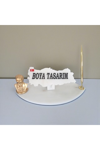 Doğal Beyaz Mermer Masa Ofis İsimlik Kalem Ve Atatürk'lü