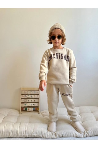 Jolly Kids Erkek Çocuk Michigan Yazı Baskılı Sweatshirt Takım Krem