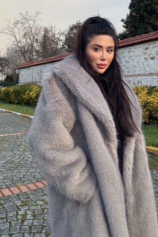 Açelyaokcu Premium Şal Yaka Mob Wife Suni Kürk Maxi Kadın Kaban Gri