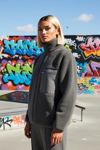 Benerly Kadın Dik Yaka Düşük Kol Tam Fermuarlı Peluş Sweatshirt Fonksiyon Antrasit