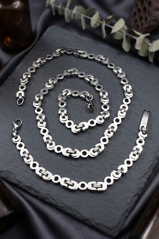Paslanmaz Çelik Euro Kral Model Erkek Kolye Zincir Ve Bileklik Set 8mm 902921 Gümüş