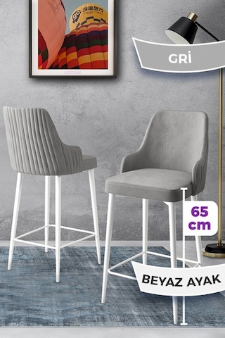 Canisa Tera Serisi 2 Gri Sandalye 65 Cm Ada Mutfak Bar Sandalyesi Babyface Kumaş Beyaz Metal Ayaklı Sandalyeler Gri Ayaklar Beyaz