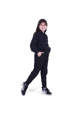 Fyk Kids Kapşonlu, Kanguru Cepli Düz Desen Kız Çocuk Alt-üst Takım Siyah