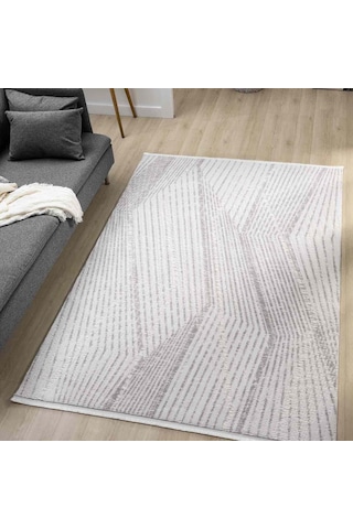 Açık Gri Beyaz Kabartmalı Zikzak Çizgili Halı - Dk0558gl