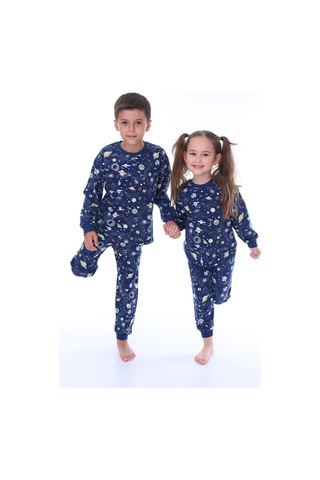 Zuzunga Gezegen Desenli %100 Pamuk Lacivert Çocuk Pijama Takımı Lacivert