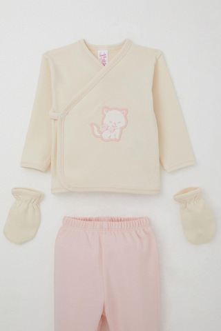 Breeze Kız Bebek Hastane Çıkışı 5 Li Sevimli Kedi Nakışlı Fiyonklu 0-3 Ay, Krem Krem