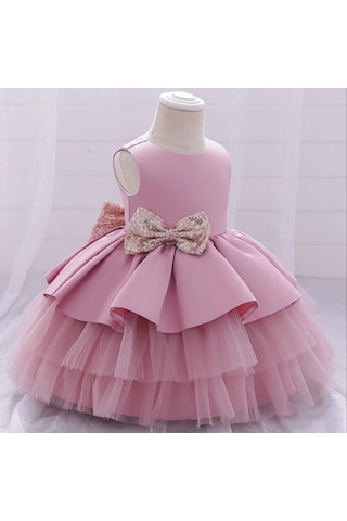 Pudra Pembe Kat Kat Tüllü Kurdelalı Kız Çocuk Elbise - Kat Kat Tül Elbise - Pembe