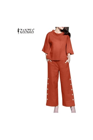 Zanzea Pamuklu Kıyafetler Bayan Bluz Ve Pantolon Yaz İki Parçalı Takım Elbise Set Mavi