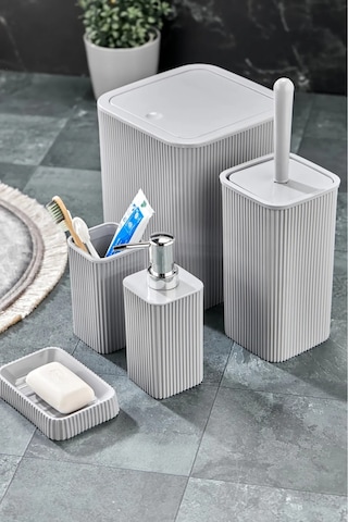 Palermo Kare Çizgi Model 5'li Banyo Seti Gold Detaylı Sabunluk Gri Gri