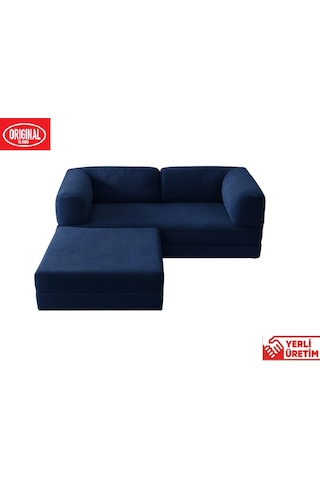 Herev 180x180 Cm 50 Dns Modüler Köşe Koltuk Fitilli Kadife Kumaş, Yatak Olabilen, Modern Tasarım Şark Köşe Lacivert