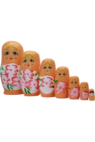 Mobgift Ahşap Tombul Iç Içe Matruşka Bebek 7li Set Turuncu