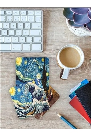 Van Gogh Temalı Ahşap Bardak Altlığı, 6'lı Set 9x9cm 1