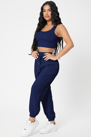 Moda Dua Kadın Lacivert Kaşkorse Cepli Jogger Eşofman Altı Ve Crop Top Bluz