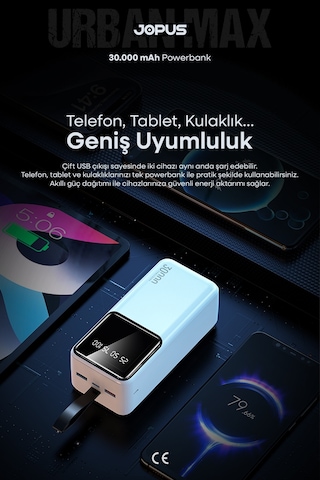 Jopus 30000mah Powerbank Lcd Ekranlı Taşıma Askılı Güçlü Taşınabilir Şarj Cihazı Beyaz