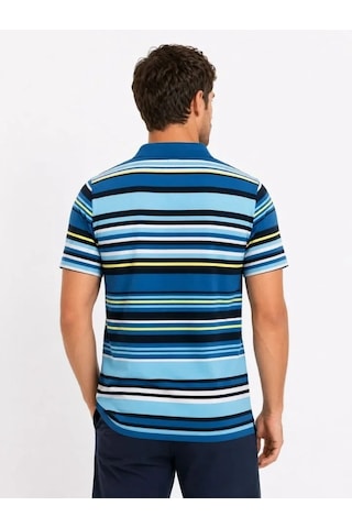 Defymoda Erkek Çizgili Polo Yaka Tişört Kısa Kol Yazlık T-shirt Regular Fit - Mavi
