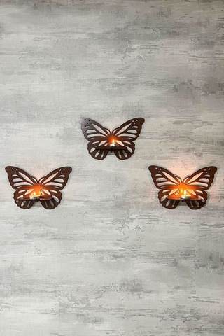 Dekoratif Ceviz Kelebek Duvar Rafı 3 Lü Set 25 Cm Duvar Mumluğu - Mumluk Raf - Ahşap Desenli Siyah