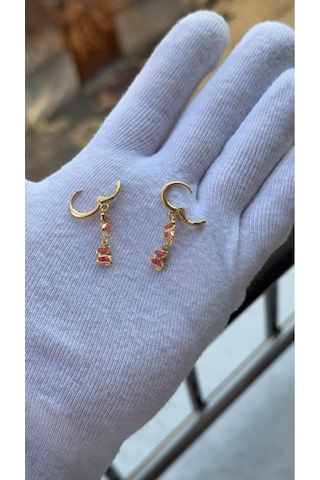 Kadın Gold Renk Sallantılı Pembe Kelebek Model Küpe Gold