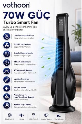 Turbo Smart Akıllı Fan Led Ekranlı Kumandalı 90 Hareketli Serinletici Soğutucu Kule Tipi Vantilatör