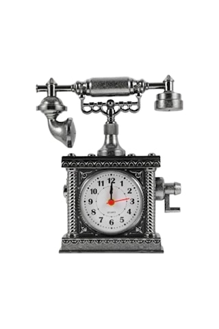Vintage Telefon Tasarımlı Masa Saati Ve Çalar Saat Dekoratif Model Antrasit Melanj