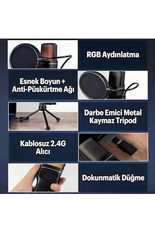 Profesyonel Rgb Yayın,stüdyo,oyun Kablosuz Kondenser Mikrofon,anc Gürültü Azaltma, 18 Saat Pil, Tripod Ve Pop Filtre Dahil