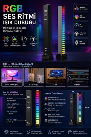 Sese Duyarlı Rgb Led Işık Ritim Işığı 32 Bit Göstergeli Araba/pc/tv/oda/masaüstü Için Renkli Led Işık Şarjlı Ekolayzır Işık Çubuğu Siyah
