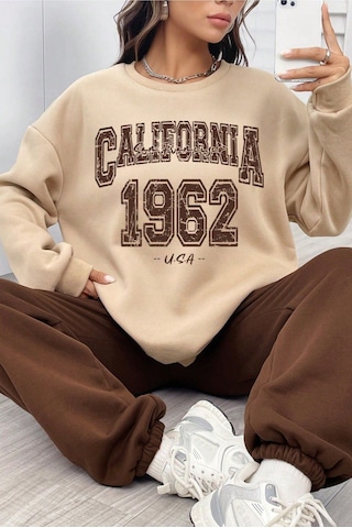 Modagen Unisex Kahverengi Bej Bisiklet Yaka California Baskılı Alt-üst Eşofman Takımı Kahve-bej