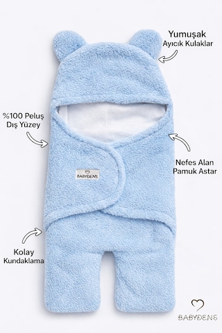 Babyden's 0-12 Ay Welsoft Peluş Bebek Dış Kundak Uyku Tulumu Ayıcık Kulaklı İçi %100 Pamuk Astarlı Battaniye Mavi