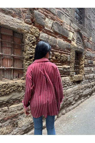 WeShaya Bordo Çizgili Oversize Düğmeli Gömlek Bordo