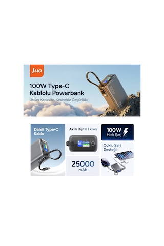 Juo 25000 Mah 100w Led Ekranlı Usb-a + Type-c Kablolu Taşınabilir Pd Hızlı Şarj Cihazı Powerbank Gri