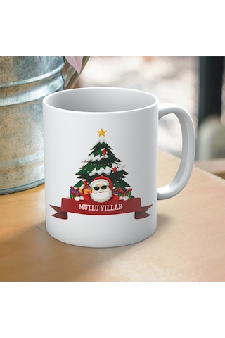 Yılbaşı Temalı Mutlu Yıllar Ve Noel Baba Baskılı Hediyelik Kupa Beyaz